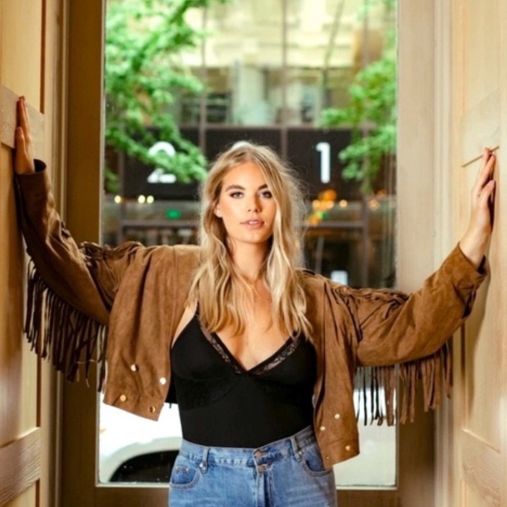 Kittenish Rodeo Maximalism Fringe Faux Suede Star Jacket Small